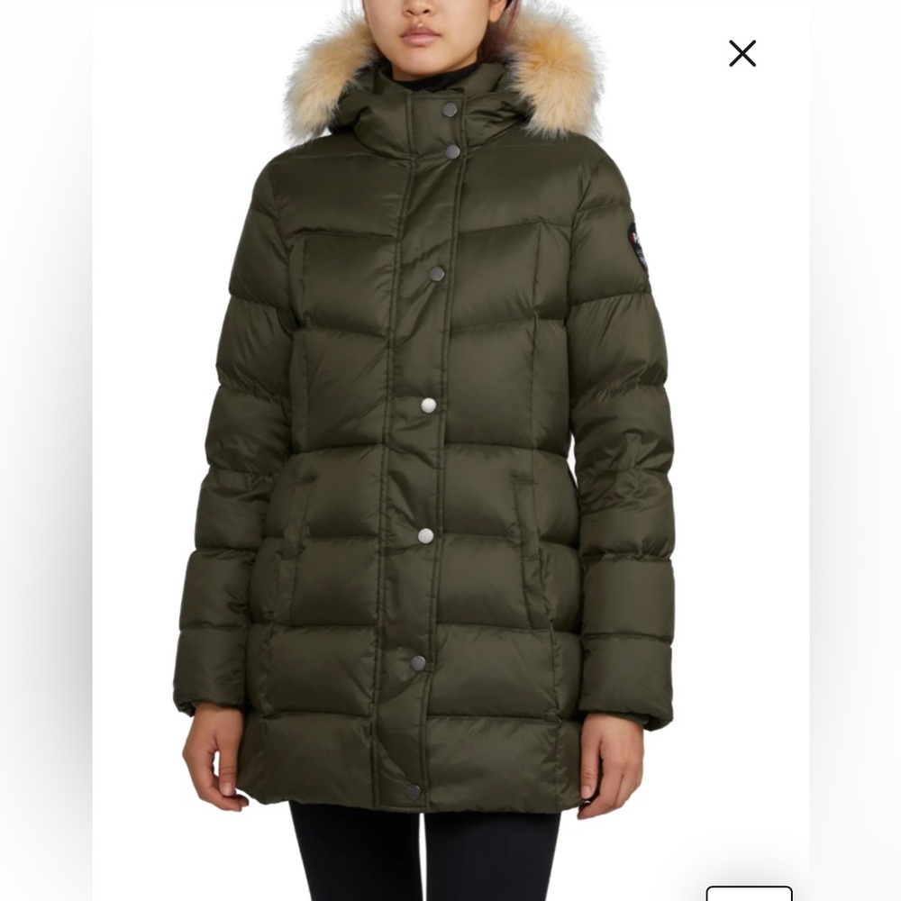 Pajar Green Quilted Puffer Coat with Fur-Trimmed Hood